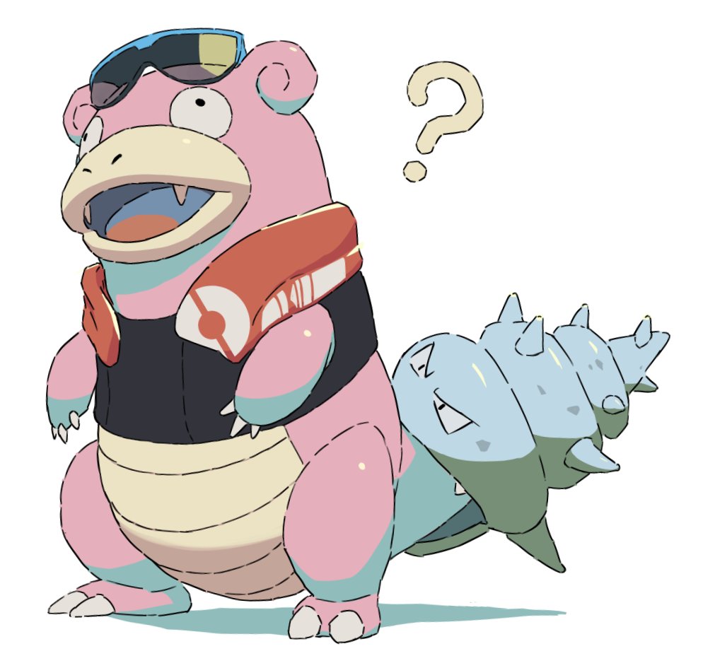 ? black_vest claws commentary eyewear_on_head fangs full_body no_humans open_mouth orange_towel pokemon pokemon_(creature) pokemon_(game) pokemon_unite simple_background slowbro solo standing sunglasses tongue towel towel_around_neck ushidori_(cowbirdfrog) vest white_background