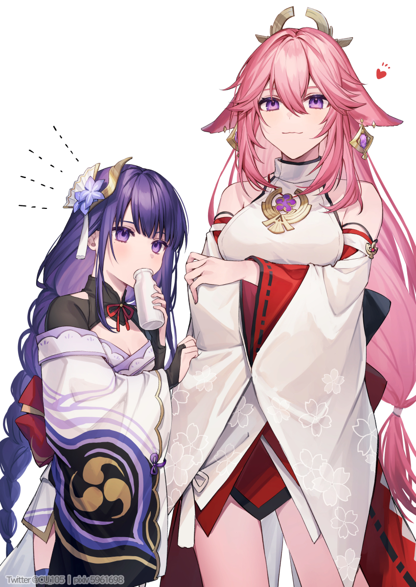 2girls bangs bare_shoulders blush braid braided_ponytail breasts coyucom detached_collar detached_sleeves genshin_impact hair_ornament height_difference highres japanese_clothes jewelry kimono large_breasts long_hair long_sleeves looking_at_viewer miko mole mole_under_eye multiple_girls necklace obi off_shoulder pendant pink_hair purple_hair purple_kimono purple_legwear raiden_shogun red_skirt sash sidelocks skirt sleeveless sleeveless_kimono smile thigh-highs thighs very_long_hair violet_eyes white_kimono wide_sleeves yae_(genshin_impact) younger