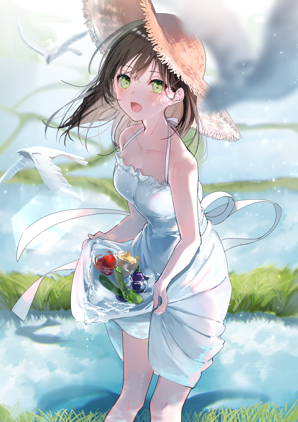 1girl :d animal bare_shoulders bird black_hair blush breasts cucumber dress eggplant food green_eyes hat highres long_hair looking_at_viewer miwano_ragu onion open_mouth original outdoors sleeveless sleeveless_dress smile solo straw_hat vegetable water white_dress