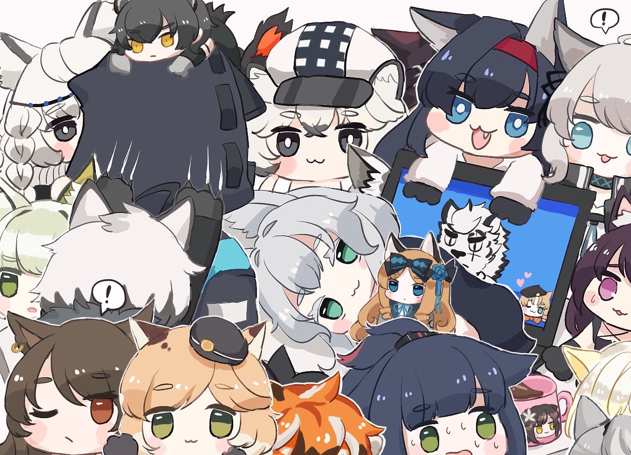 ! 1other 4boys 6+girls :3 :d aak_(arknights) ambiguous_gender animal_ear_fluff animal_ears animal_hands animal_nose annotated arknights bangs black_cape black_footwear black_gloves black_hair black_headwear black_jacket black_shirt blaze_(arknights) blonde_hair blue_eyes boots braid broca_(arknights) brown_background brown_hair cabbie_hat cameo cape cat_ears chibi chibi_on_head cliffheart_(arknights) closed_mouth colored_eyelashes commentary computer cup doctor_(arknights) english_commentary english_text error_message eyebrows_visible_through_hair fang flower folinic_(arknights) fur-trimmed_cape fur_trim gloves green_eyes green_hair grey_eyes grey_gloves grey_hair hair_flower hair_ornament hairband hat haze_(arknights) hood hood_up hooded_jacket indra_(arknights) iris_(arknights) jacket jessica_(arknights) kal'tsit_(arknights) laptop leopard_ears long_hair lying melantha_(arknights) minigirl mint_(arknights) mountain_(arknights) mousse_(arknights) mug multicolored_hair multiple_boys multiple_girls nightmare_(arknights) on_head on_side one_eye_closed open_clothes open_jacket open_mouth orange_hair out_of_frame parted_lips paw_gloves phantom_(arknights) ponytail pramanix_(arknights) purple_hair red_hairband redhead rosmontis_(arknights) schwarz_(arknights) shirt shoe_soles silverash_(arknights) simple_background skyfire_(arknights) smile someyaya spoken_exclamation_mark streaked_hair sweat swire_(arknights) thick_eyebrows too_many very_long_hair violet_eyes waai_fu_(arknights) white_eyes white_hair white_headwear white_jacket white_shirt witch_hat yellow_eyes