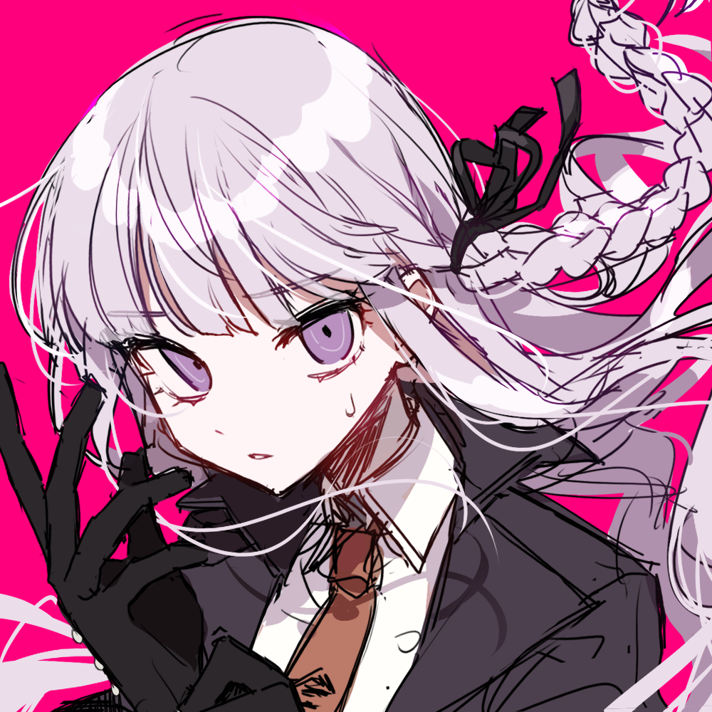 1girl bangs black_gloves black_jacket black_ribbon braid brown_neckwear collared_shirt commentary_request danganronpa:_trigger_happy_havoc danganronpa_(series) eyebrows_visible_through_hair floating_hair gloves hair_ribbon hands_up jacket kirigiri_kyouko large_hands long_hair necktie patzzi purple_hair ribbon shiny shiny_hair shirt simple_background sketch sweat violet_eyes white_shirt