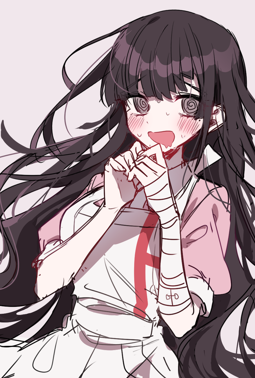 1girl :d @_@ apron bandaged_arm bandages bangs black_hair blush breasts commentary_request danganronpa_(series) danganronpa_2:_goodbye_despair eyebrows_visible_through_hair grey_background highres long_hair looking_at_viewer messy_hair mole mole_under_eye monochrome open_mouth own_hands_together patzzi puffy_short_sleeves puffy_sleeves purple_hair short_sleeves simple_background skirt smile solo tsumiki_mikan upper_body very_long_hair