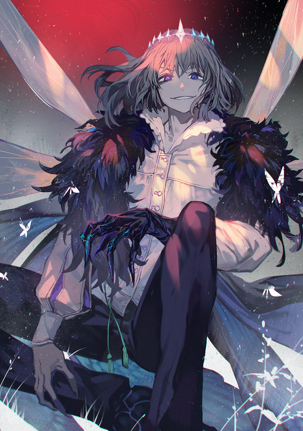1boy arthropod_boy black_pants blue_eyes bug butterfly claws commentary crown evil_smile fate/grand_order fate_(series) feather_boa highres insect_wings jacket lack male_focus oberon_(fate) pants sitting smile spoilers white_jacket wings