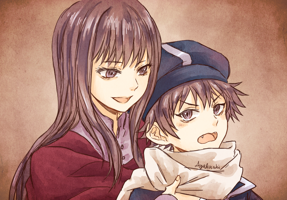 1boy 1girl ayks blue_headwear brown_background brown_eyes brown_hair fangs headwear looking_at_another mother_and_son neckwear open_mouth smile tegami_bachi zazie_winters zazie_winters'_mother