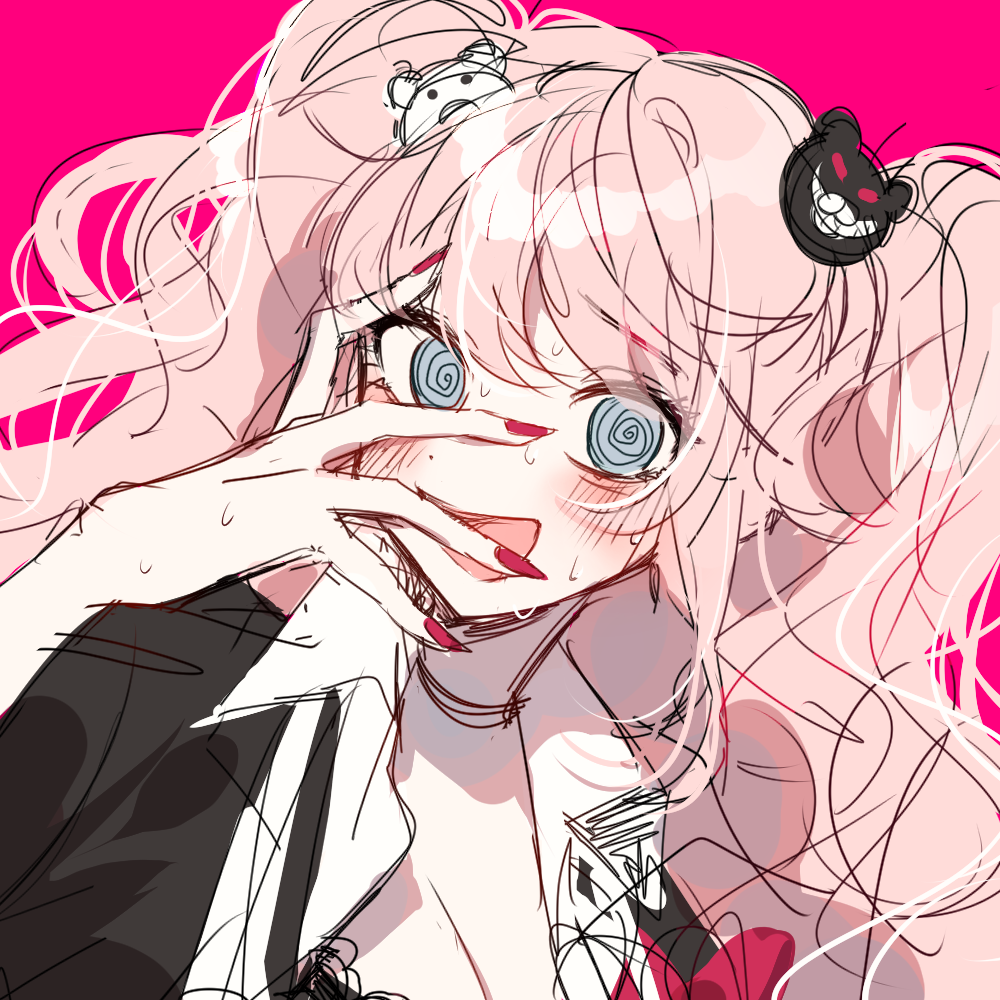 1girl 3j_dangan @_@ black_bra black_jacket blonde_hair blue_eyes blush bra breasts collared_shirt commentary_request danganronpa:_trigger_happy_havoc danganronpa_(series) enoshima_junko jacket long_hair monokuma open_mouth pink_background red_nails red_ribbon ribbon shirt simple_background sketch solo sweat twintails underwear wavy_hair white_shirt