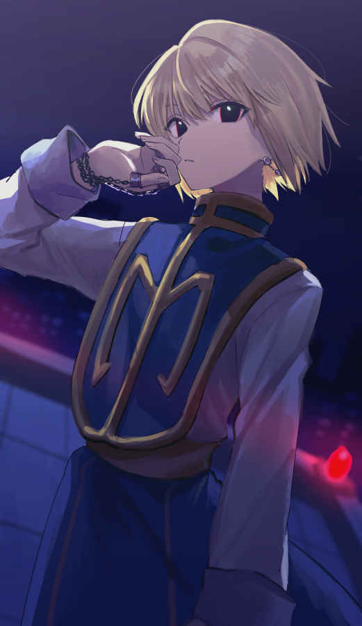 1boy bishounen black_eyes earrings grey_shirt hunter_x_hunter jewelry kurapika long_sleeves night okakasushi parted_lips ring shirt short_hair silver_hair standing