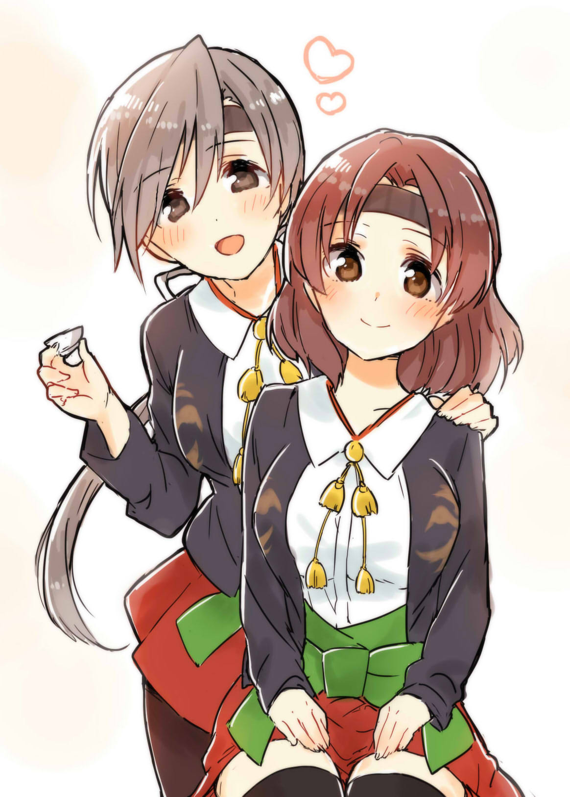 2girls brown_eyes brown_hair chitose_(kancolle) chiyoda_(kancolle) cup grey_eyes grey_hair hair_ribbon hakama hakama_skirt hand_on_shoulder headband heart highres japanese_clothes kantai_collection long_hair looking_at_viewer low_ponytail medium_hair multiple_girls open_mouth ribbon simple_background skirt smile sorimachi-doufu