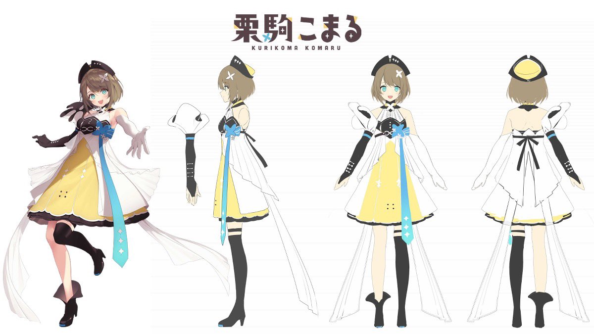 1girl :d aogiri_koukou_game_club asymmetrical_footwear asymmetrical_gloves asymmetrical_legwear bare_shoulders black_gloves black_headwear black_legwear black_skirt blue_eyes blue_ribbon blush breasts bridal_gauntlets brown_hair buttons character_name character_sheet commentary_request dress elbow_gloves eyebrows_visible_through_hair flower frilled_gauntlets from_side gloves hair_flower hair_ornament headwear high_heels kurikoma_komaru leg_up legband looking_at_viewer multiple_views official_art open_mouth ribbon second-party_source short_hair shoulder_blades skirt small_breasts smile star_(symbol) strapless strapless_dress thigh-highs underskirt virtual_youtuber white_gloves yellow_dress zettai_ryouiki