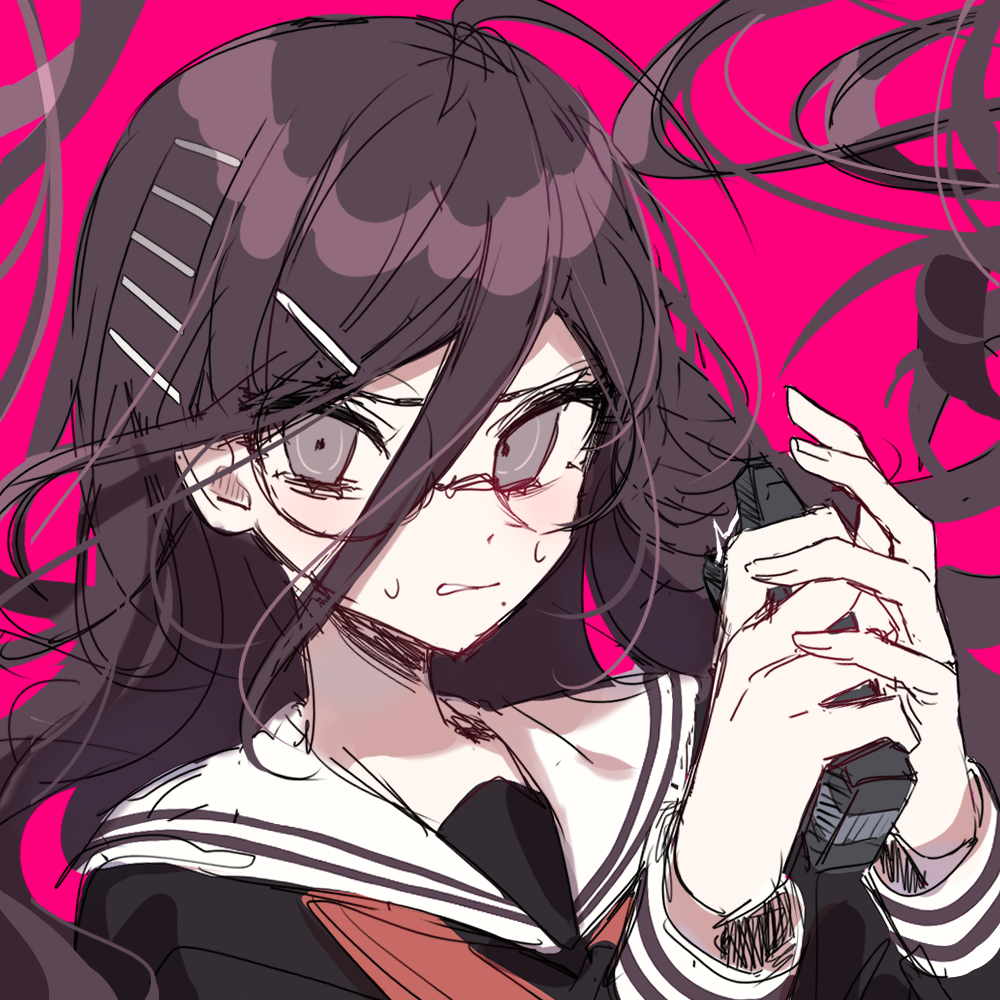 1girl bangs brown_eyes brown_hair commentary_request danganronpa:_trigger_happy_havoc danganronpa_(series) eyebrows_visible_through_hair floating_hair fukawa_touko glasses hair_between_eyes hair_ornament hairclip holding long_hair long_sleeves looking_at_viewer mole mole_under_mouth own_hands_together patzzi pink_background round_eyewear sailor_collar school_uniform serafuku simple_background sketch solo upper_body white_sailor_collar