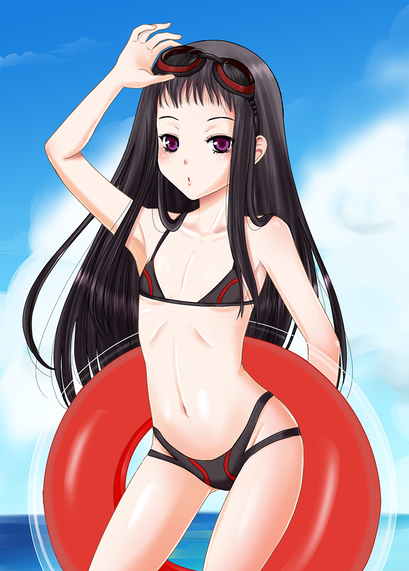 1girl ar_tonelico ar_tonelico_ii black_hair clouds flat_chest goggles goggles_on_head holding holding_innertube innertube inumori_sayaka jakuri long_hair looking_at_viewer navel ocean open_mouth sky solo swimsuit violet_eyes