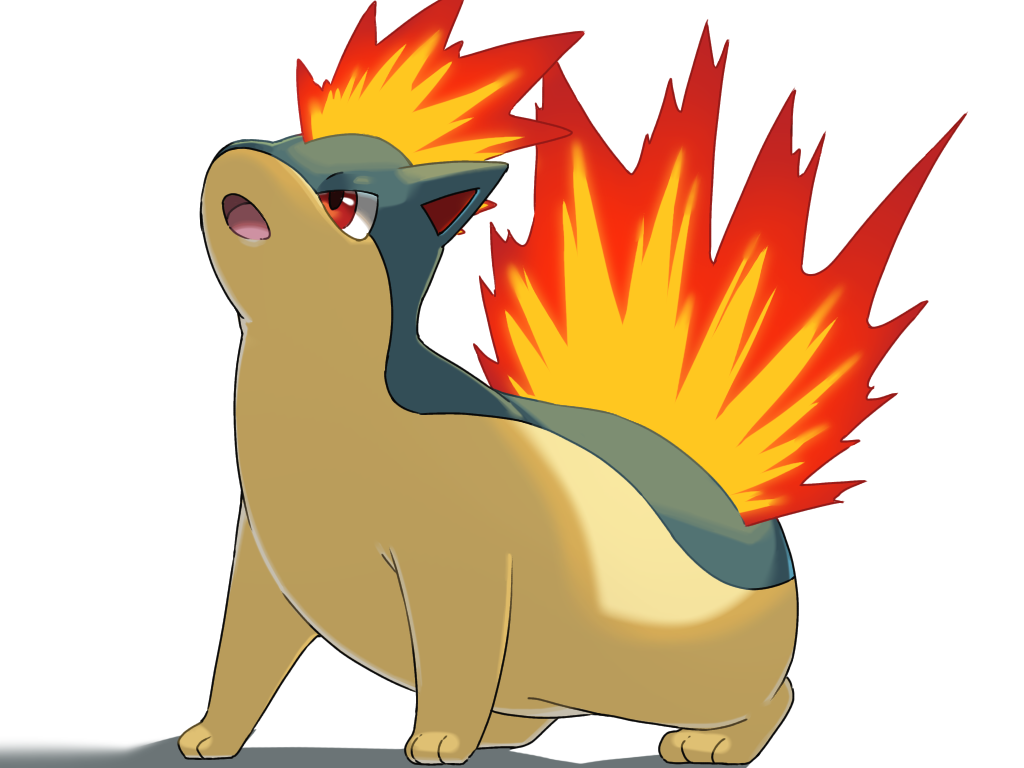 commentary_request fire full_body looking_up mian_(3zandora) no_humans open_mouth pokemon pokemon_(creature) quilava red_eyes solo standing toes tongue white_background