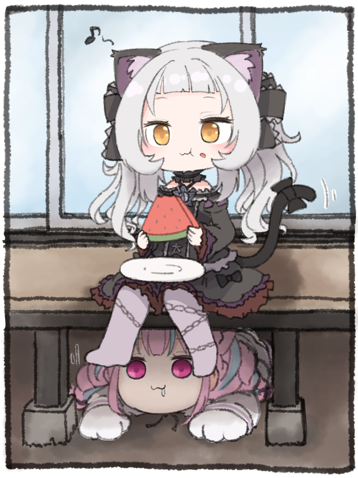 2girls :3 :t animal_ears architecture bangs black_dress blunt_bangs bow cat_ears cat_girl cat_tail chain_print chewing chibi commentary_request criss-cross_halter dress east_asian_architecture eating food food_on_face frilled_ribbon frills gothic_lolita hair_ribbon halter_dress halterneck hololive lolita_fashion long_hair minato_aqua multiple_girls murasaki_shion musical_note no_shoes pantyhose print_legwear purple_legwear ribbon short_dress sidelocks silver_hair solo_focus spoken_musical_note stalking tail tail_bow tail_ornament tonton_(tonz159) twintails virtual_youtuber watermelon_slice yellow_eyes