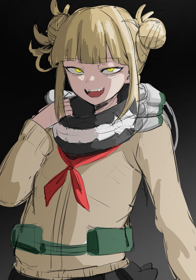 :d adjusting_neckwear arm_at_side bags_under_eyes bandana bandana_over_mouth bangs black-backed_jackal_(kemono_friends) black_bandana black_skirt blonde_hair blunt_bangs boku_no_hero_academia canister cardigan commentary_request double_bun fangs gradient gradient_background grey_background hair_up hose korean_commentary looking_at_viewer lowered_eyelids messy_hair naughty_face neckerchief open_mouth partial_commentary pleated_skirt red_neckwear roly school_uniform serafuku shaded_face sidelocks sketch skirt slit_pupils smile teeth toga_himiko upper_body upturned_eyes yellow_cardigan yellow_eyes