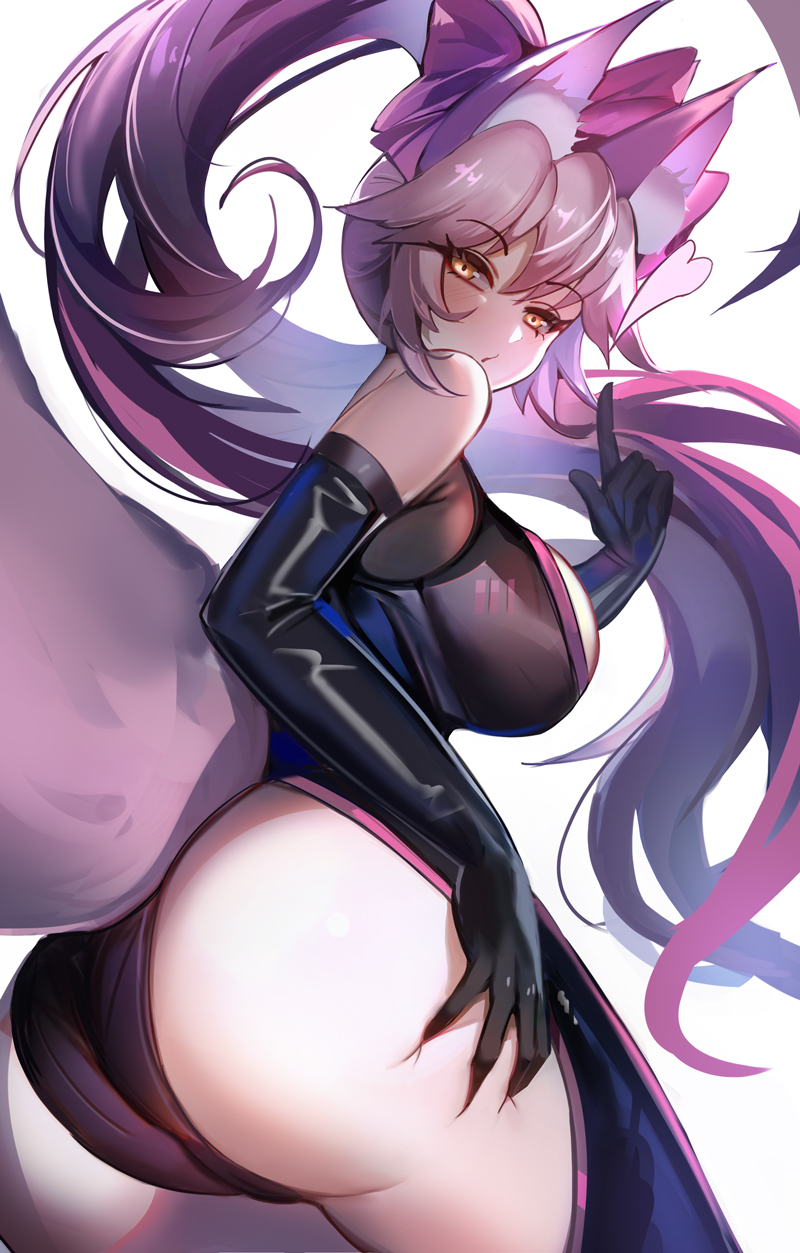 1girl animal_ear_fluff animal_ears ass black_bodysuit blush bodysuit choker eyebrows_visible_through_hair fate/grand_order fate_(series) female_ass fox_ears fox_girl fox_tail heart highres koyanskaya_(fate) kuroha_(rockluo213) long_hair looking_at_viewer looking_back pink_hair revision ribbon_choker side_ponytail simple_background solo tail tamamo_(fate) very_long_hair white_background yellow_eyes