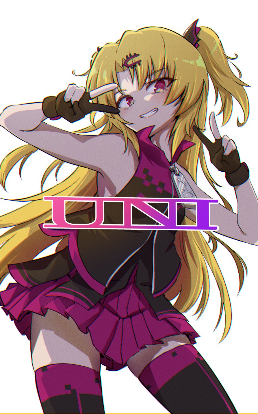 1girl akatsuki_uni ankoku_kishi_m armpit_crease bare_arms bare_shoulders black_gloves black_jacket black_thighhighs blonde_hair character_name chromatic_aberration contrapposto cowboy_shot double_v dress foreground_text gloves grin hair_ornament hairpin highres jacket long_hair looking_at_viewer oversized_zipper parted_bangs partially_fingerless_gloves pleated_dress popped_collar purple_dress simple_background sleeveless sleeveless_dress sleeveless_jacket smile solo thigh-highs thighs two_side_up uni_create v very_long_hair violet_eyes virtual_youtuber white_background zipper_pull_tab