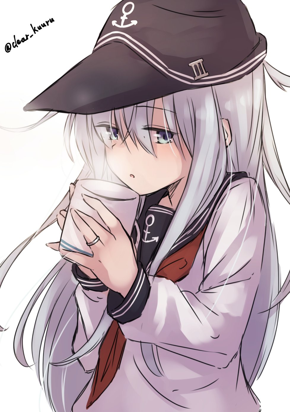 1girl anchor_symbol black_headwear black_sailor_collar blue_eyes blush cup eyebrows_visible_through_hair flat_cap hair_between_eyes hat hibiki_(kancolle) highres holding holding_cup jewelry kantai_collection kuuru_(kuuru-n) long_hair long_sleeves neckerchief parted_lips red_neckwear ring sailor_collar school_uniform serafuku silver_hair simple_background solo twitter_username upper_body wedding_band white_background