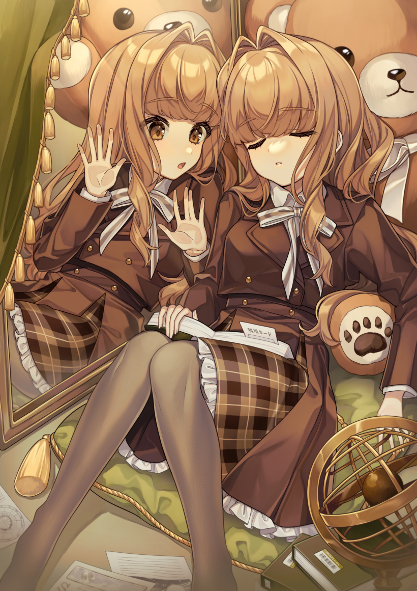 2girls bangs book brown_eyes brown_hair brown_jacket brown_legwear brown_skirt closed_eyes collared_shirt commentary different_reflection eyebrows_visible_through_hair feet_out_of_frame frilled_skirt frills hair_intakes jacket karokuchitose knees_together_feet_apart knees_up long_hair mirror multiple_girls open_book open_mouth original pantyhose parted_lips plaid plaid_skirt reflection shirt skirt stuffed_animal stuffed_toy teddy_bear white_shirt