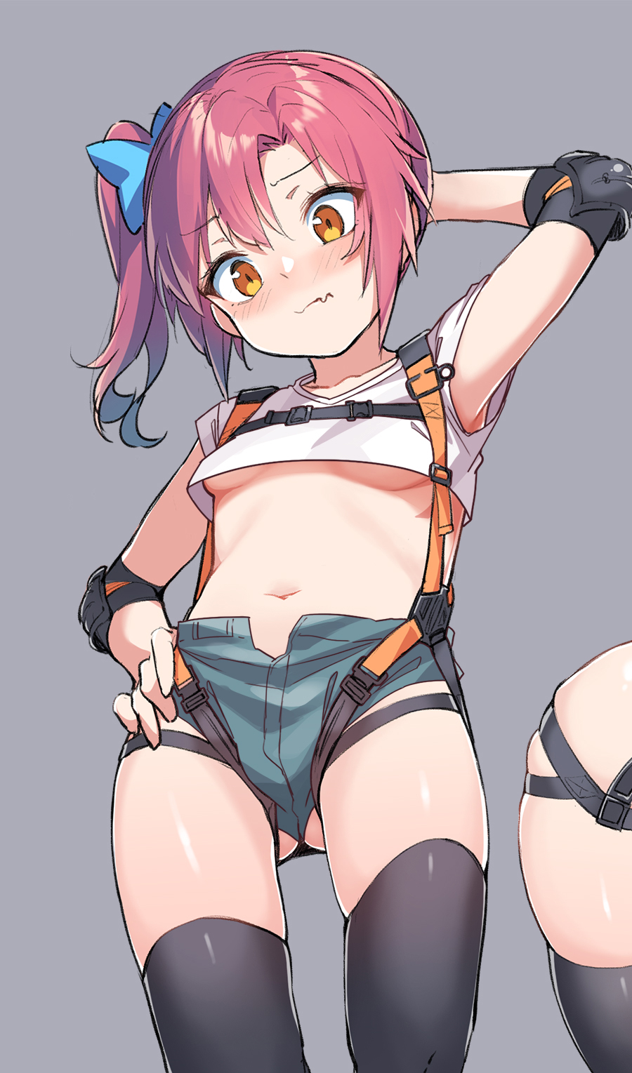 1girl arm_behind_head ass ass_visible_through_thighs black_legwear blush breasts elbow_pads fang fang_out grey_background highres konnyaku_(kk-monmon) midriff navel original pink_hair shorts side_ponytail simple_background solo thigh-highs under_boob yellow_eyes