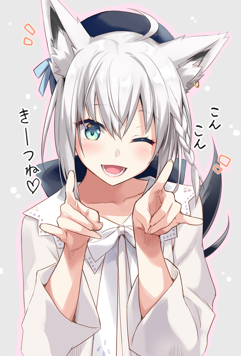 1girl ;d ahoge animal_ears asymmetrical_hair beret black_headwear blue_eyes blush braid catchphrase collarbone commentary ear_piercing eretto eyebrows_visible_through_hair fox_ears fox_shadow_puppet fox_tail french_braid grey_background grey_shirt hair_between_eyes hat highres hololive looking_at_viewer medium_hair official_alternate_costume one_eye_closed open_mouth outline piercing ribbon shirakami_fubuki shirt side_braid silver_hair simple_background single_braid smile solo tail translated upper_body virtual_youtuber white_neckwear white_ribbon