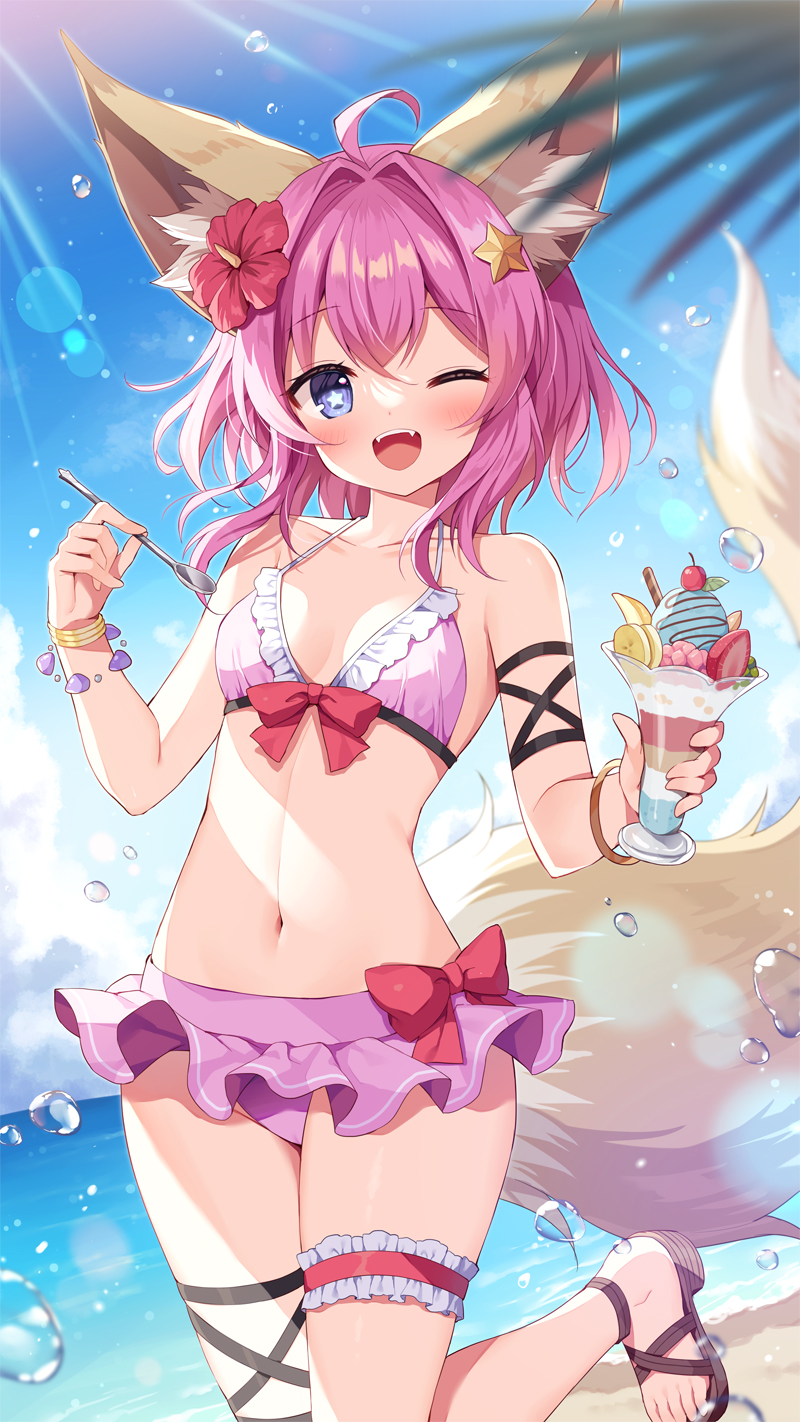 1girl ;d ahoge animal_ear_fluff animal_ears bangs bare_shoulders bikini blue_eyes blush breasts brown_footwear commentary_request day eyebrows_visible_through_hair fangs flower fox_ears fox_girl fox_tail frilled_bikini frills hair_between_eyes hair_flower hair_intakes hair_ornament halter_top halterneck highres holding holding_spoon horizon mauve navel ocean one_eye_closed open_mouth original outdoors parfait pink_bikini pink_hair red_flower sandals small_breasts smile solo spoon standing standing_on_one_leg star-shaped_pupils star_(symbol) star_hair_ornament swimsuit symbol-shaped_pupils tail water water_drop