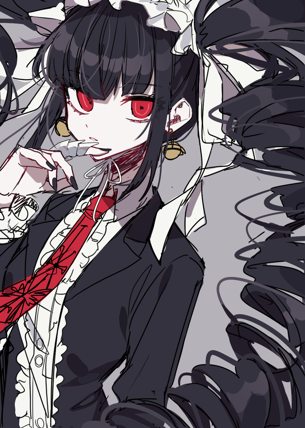 1girl bangs black_hair black_nails bonnet celestia_ludenberg center_frills danganronpa:_trigger_happy_havoc danganronpa_(series) drill_hair earrings eyebrows_visible_through_hair frills gothic_lolita highres jewelry lolita_fashion long_hair long_sleeves looking_at_viewer nail_polish necktie patzzi print_neckwear red_eyes ribbon shirt smile solo twin_drills twintails upper_body