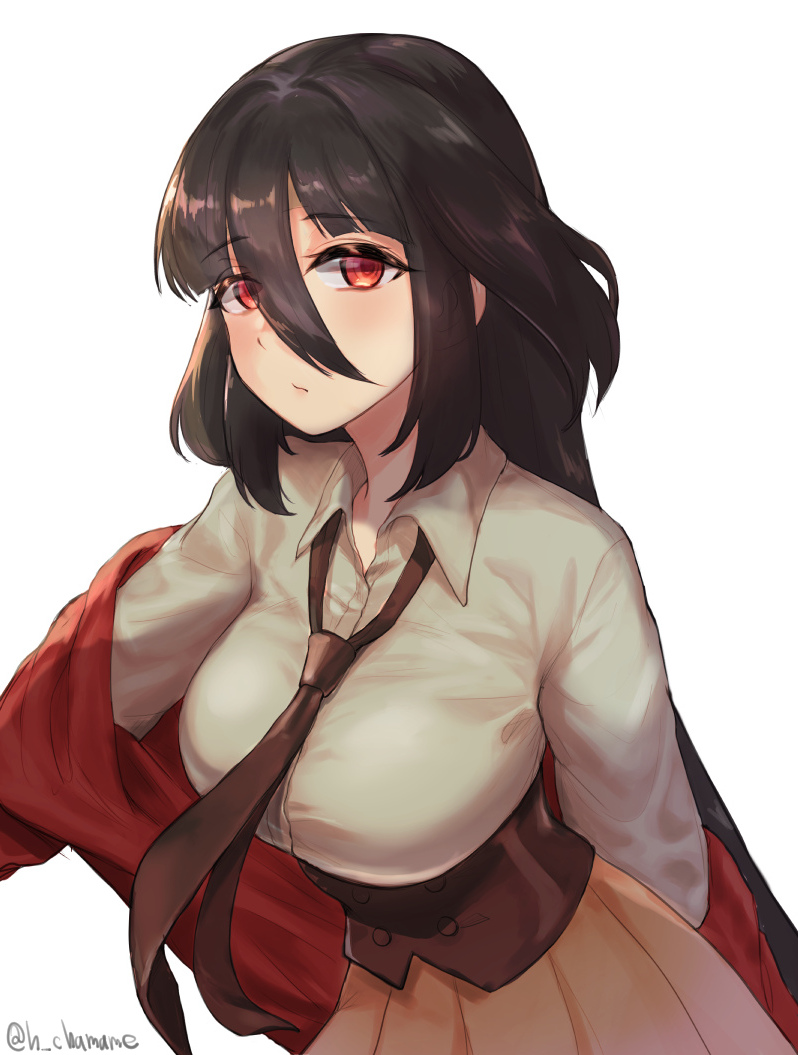 1girl artist_name bangs black_hair breasts chamame closed_mouth collared_shirt hair_between_eyes jacket jacket_partially_removed large_breasts long_hair looking_at_viewer necktie pleated_skirt red_eyes red_jacket shirt simple_background skirt solo twitter_username very_long_hair white_background white_shirt yamada_tae zombie_land_saga