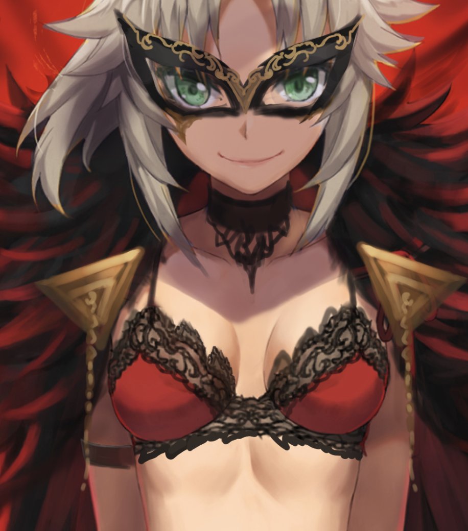 1girl bangs blonde_hair bra braid breasts choker fate/apocrypha fate_(series) french_braid green_eyes hair_ornament hair_scrunchie long_hair looking_at_viewer mask mordred_(fate) mordred_(fate/apocrypha) parted_bangs ponytail red_bra scrunchie sidelocks small_breasts smile solo tonee underwear