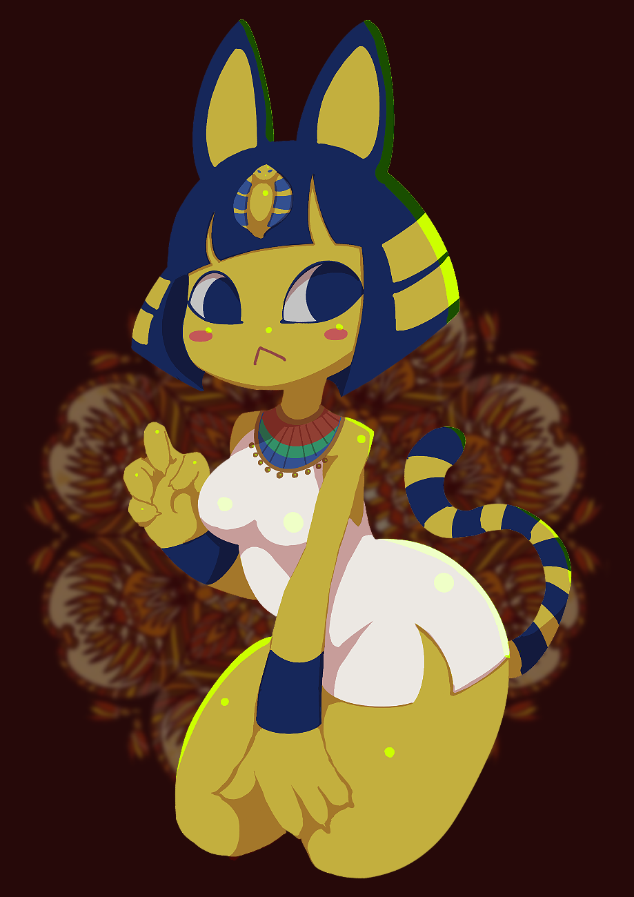 1girl :&lt; animal_crossing animal_ears ankha_(animal_crossing) bangs bare_shoulders blue_eyes blue_hair blunt_bangs blurry blurry_background blush_stickers bob_cut body_fur breasts cat_ears cat_girl cat_tail claws closed_mouth commentary cowboy_shot cropped_legs dress egyptian furry hair_ornament hand_up highres jewelry looking_to_the_side medium_breasts necklace rakuda_itou red_background shiny shiny_skin short_dress short_hair side_slit sidelocks sleeveless sleeveless_dress snake_hair_ornament solo standing tail thick_thighs thighs white_dress wide_hips yellow_fur