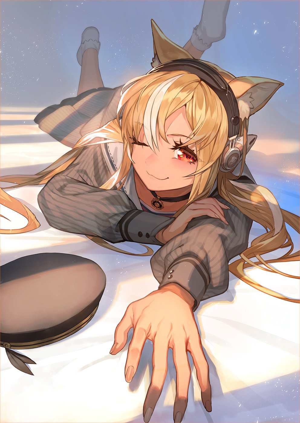 1girl animal_ears black_choker blonde_hair choker closed_mouth dark-skinned_female dark_skin dress eyebrows_visible_through_hair feet_up hat hat_removed headphones headwear_removed highres hololive lack looking_at_viewer lying official_art on_stomach one_eye_closed orange_eyes pinstripe_dress pinstripe_pattern sailor_collar shiranui_flare smile solo striped twintails virtual_youtuber white_legwear
