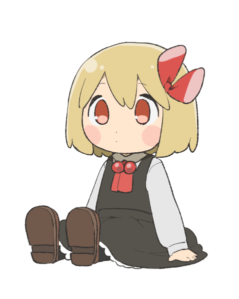 1girl bangs black_legwear black_skirt black_vest blonde_hair blush_stickers bow brown_footwear chibi citrus_(place) commentary_request full_body hair_bow long_sleeves medium_hair pantyhose red_bow red_eyes red_neckwear rumia shoes simple_background sitting skirt solo touhou vest white_background