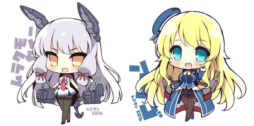 akikaze_tsumuji atago_(kancolle) bangs beret black_gloves black_legwear blonde_hair blue_eyes blue_footwear blue_headwear blush breasts character_name chibi dress eyebrows_visible_through_hair gloves hair_ribbon hat headgear kantai_collection large_breasts long_hair long_sleeves medium_breasts military military_uniform multiple_girls murakumo_(kancolle) necktie open_mouth orange_eyes pantyhose pink_neckwear remodel_(kantai_collection) ribbon rigging short_sleeves sidelocks silver_hair simple_background thighband_pantyhose tress_ribbon uniform white_background