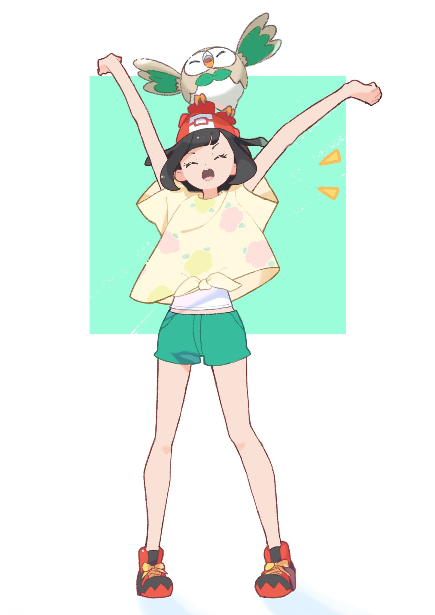 1girl arms_up bangs bare_legs beanie black_hair closed_eyes eyelashes floral_print green_shorts hat highres kii_(kiiui) on_head open_mouth pokemon pokemon_(creature) pokemon_(game) pokemon_on_head pokemon_sm red_footwear red_headwear rowlet selene_(pokemon) shirt shoes short_hair short_shorts short_sleeves shorts standing symbol-only_commentary t-shirt tied_shirt tongue undershirt upper_teeth yellow_shirt