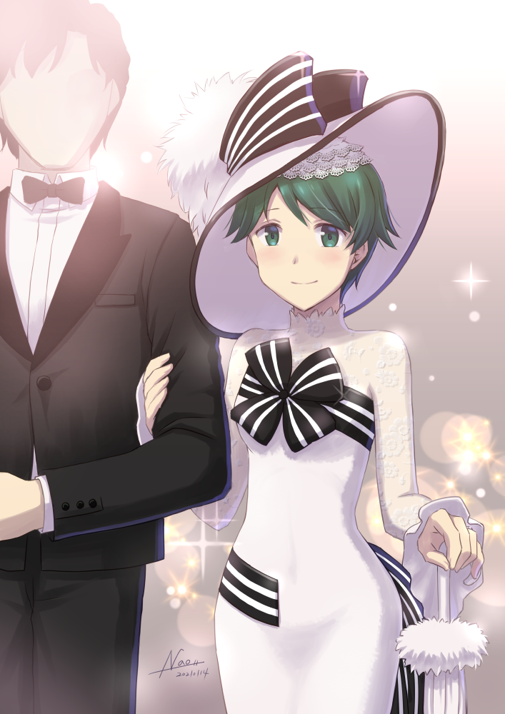 1boy 1girl alternate_costume bangs black_neckwear bow bowtie breasts dress faceless faceless_male green_eyes green_hair hat kantai_collection long_sleeves mogami_(kancolle) nao_(nao_eg) short_hair small_breasts smile swept_bangs tuxedo white_dress white_headwear