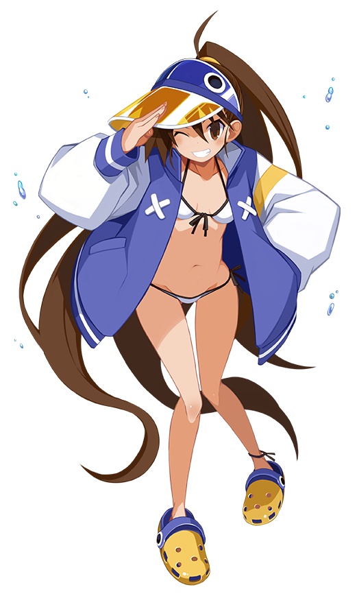 1girl bikini breasts brown_eyes brown_hair crocs disgaea disgaea_rpg full_body grin hand_in_pocket jacket kazamatsuri_fuuka long_hair long_sleeves looking_at_viewer lowleg lowleg_bikini navel official_art one_eye_closed open_clothes open_jacket photoshop_(medium) simple_background small_breasts smile solo swimsuit very_long_hair visor_cap white_background