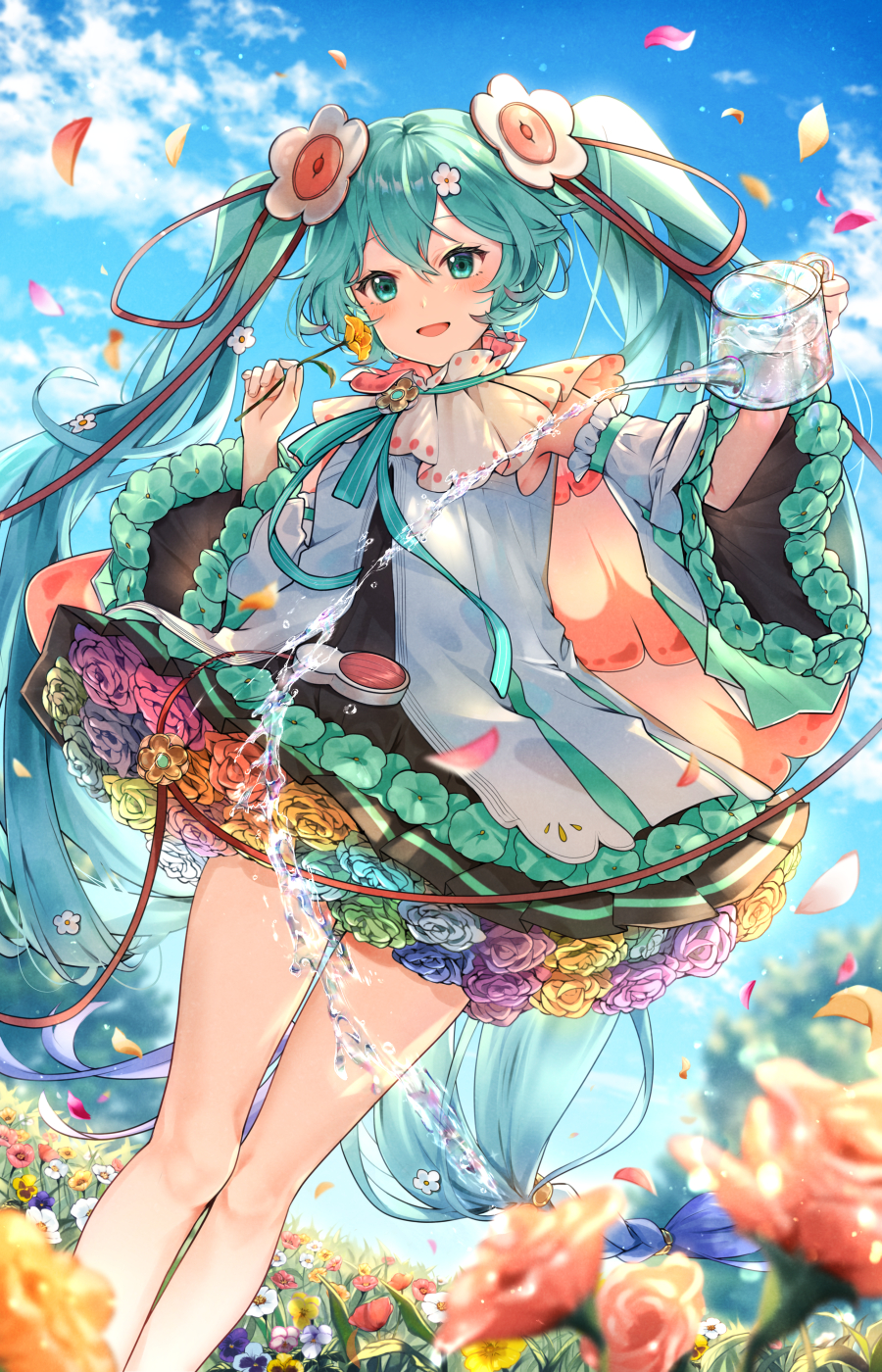 1girl aqua_eyes aqua_flower aqua_ribbon aqua_rose armpit_peek bangs bare_legs blue_hair blue_sky blurry blurry_background braid brooch cable capelet clouds cloudy_sky commentary day depth_of_field detached_sleeves dot_nose dress dress_flower dutch_angle eyebrows_visible_through_hair feet_out_of_frame field flower flower_field flower_request glint gradient gradient_hair grass green_flower green_rose grey_flower grey_rose hair_between_eyes hair_flower hair_ornament hands_up hatsune_miku highres holding holding_flower holding_watering_can jewelry kyashii_(a3yu9mi) legs_together light_blush light_particles long_hair looking_at_viewer low-tied_long_hair low_twin_braids magical_mirai_(vocaloid) motion_blur multicolored_hair neck_ribbon open_mouth orange_flower orange_rose outdoors petals pink_flower pleated_dress purple_flower purple_hair purple_rose ribbon rose shiny shiny_hair short_dress sky smile solo striped striped_ribbon tree tsurime twin_braids twintails very_long_hair vocaloid water water_drop watering_can white_flower wide_sleeves yellow_flower