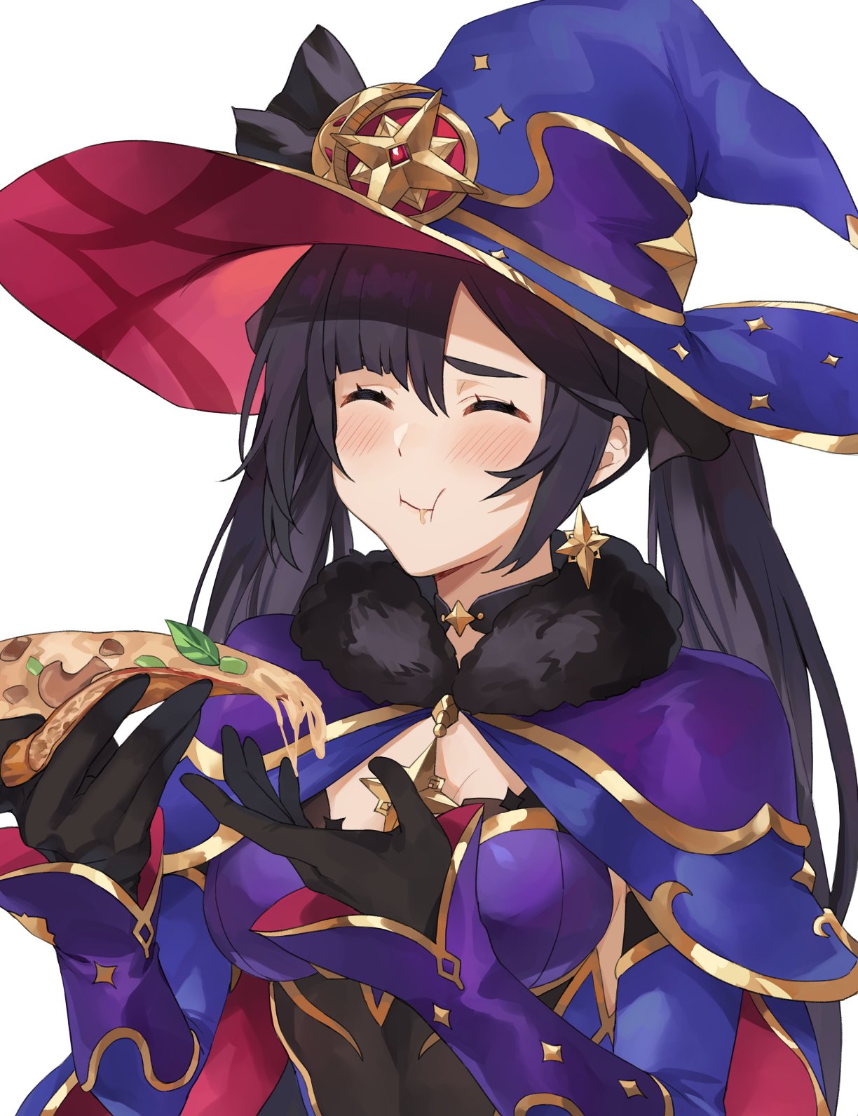 1girl bangs black_hair blush breasts cape chewing choker closed_eyes commentary earrings eating food food_on_face fur_collar genshin_impact gloves gold_trim hair_between_eyes hat hat_ornament highres holding holding_food jewelry kamu_(kamuuei) leaf medium_breasts mona_(genshin_impact) mushroom pizza pizza_slice simple_background solo twintails upper_body white_background witch witch_hat