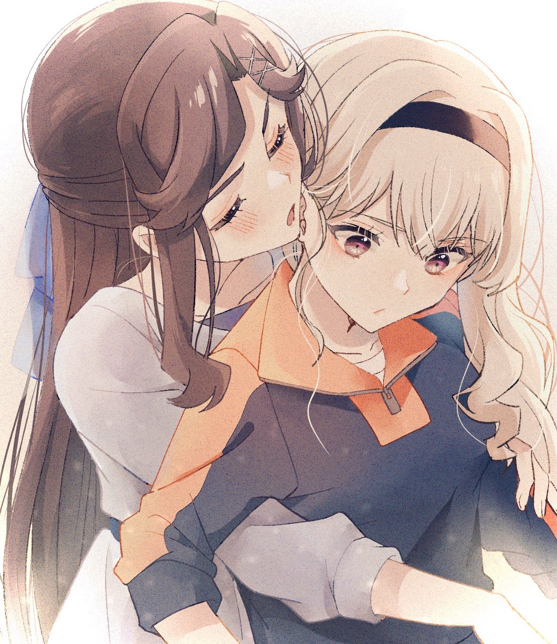 2girls arms_around_waist black_hairband blonde_hair blowing_in_ear blush brown_eyes brown_hair closed_eyes dress dutch_angle grey_dress hairband highres hug hug_from_behind long_hair multiple_girls nijiko_(c2cs4q) pullover saijou_claudine shoujo_kageki_revue_starlight tendou_maya wavy_hair yuri