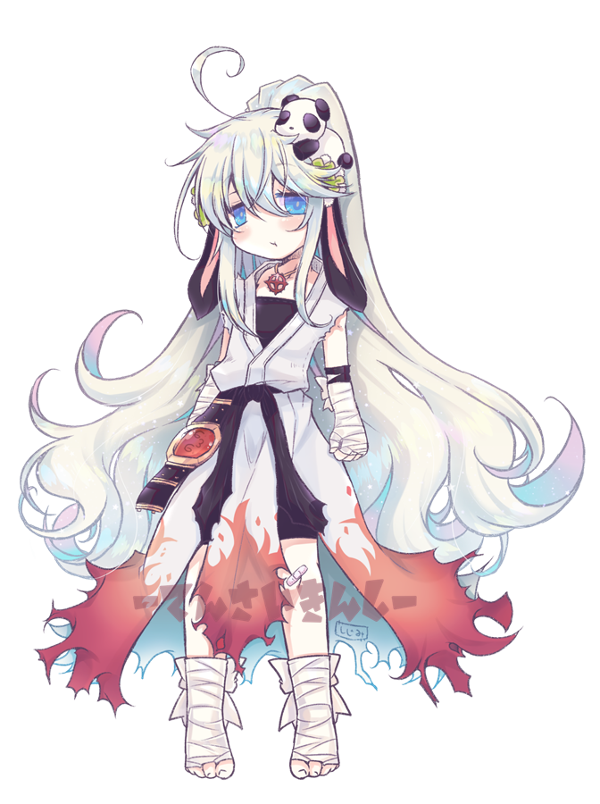 1girl :t ahoge animal_ears animal_on_head arm_wrap bangs belt black_belt blue_eyes championship_belt closed_mouth commentary_request flame_print floppy_ears foot_wraps full_body hair_between_eyes jewelry long_hair looking_at_viewer necklace official_alternate_costume on_head panda panda_on_head pants ponytail rabbit_ears ragnarok_online shirt simple_background sleeveless sleeveless_shirt solo sura_(ragnarok_online) tanono transparent_background very_long_hair white_hair white_pants white_shirt