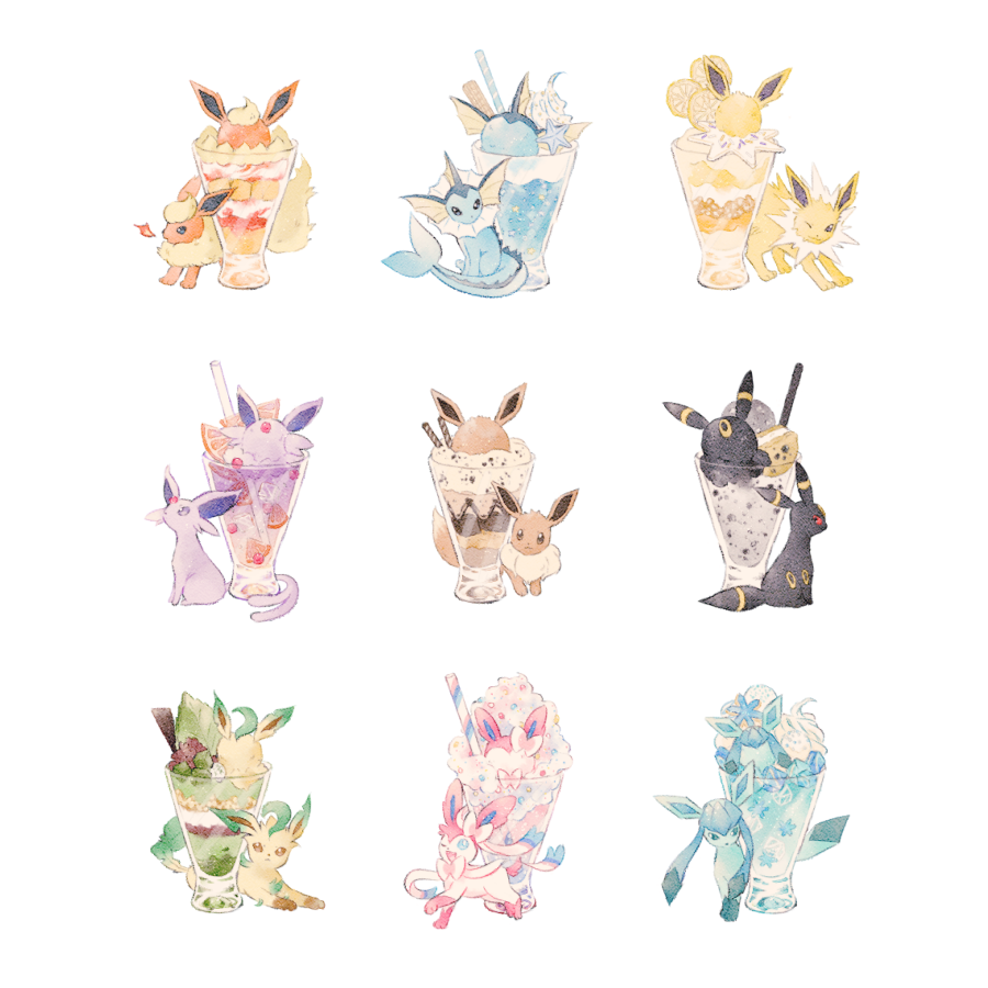 dessert drinking_straw eevee espeon fire flareon food fruit glaceon glass jolteon leaf leafeon lemon lemon_slice lying no_humans on_stomach orange_(fruit) orange_slice pokemon pokemon_(creature) ryokuno_green standing sylveon themed_object toes umbreon vaporeon