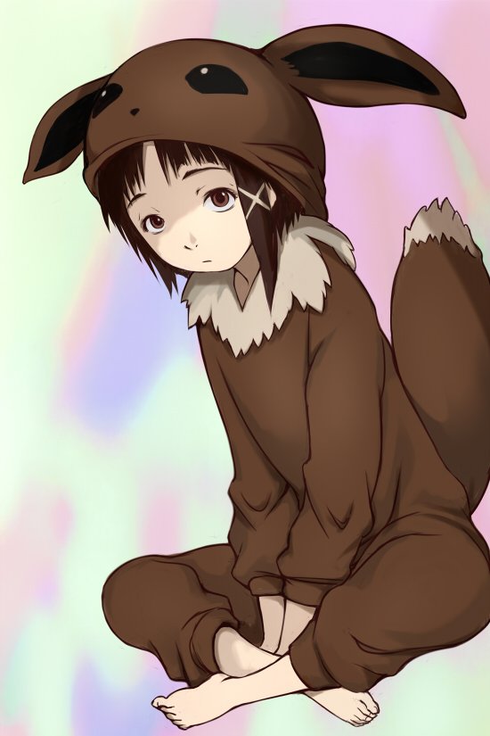 1girl animal_ears asymmetrical_hair barefoot brown_eyes brown_hair closed_mouth cosplay e10 eevee eevee_(cosplay) eevee_ears eevee_tail fake_animal_ears feet hair_ornament hairclip hood iwakura_lain looking_at_viewer poke_kid_(pokemon) pokemon pokemon_(game) pokemon_ears pokemon_swsh pokemon_tail serial_experiments_lain short_hair sitting solo tail x_hair_ornament