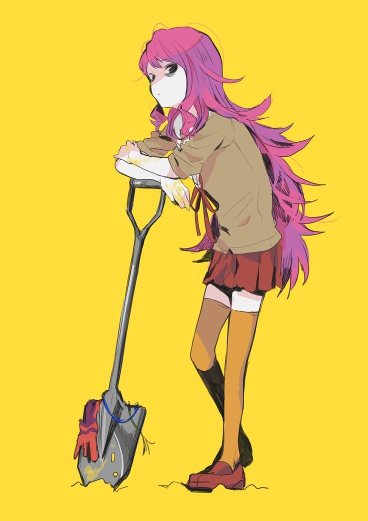 1girl bags_under_eyes black_eyes blunt_ends brown_footwear crossed_arms kimi_ga_shine long_hair looking_at_viewer mishuku_hinako ribbon scarf school_uniform short_sleeves shovel simple_background skirt solo_focus spiky_hair sweater thigh-highs yellow_legwear z44280529