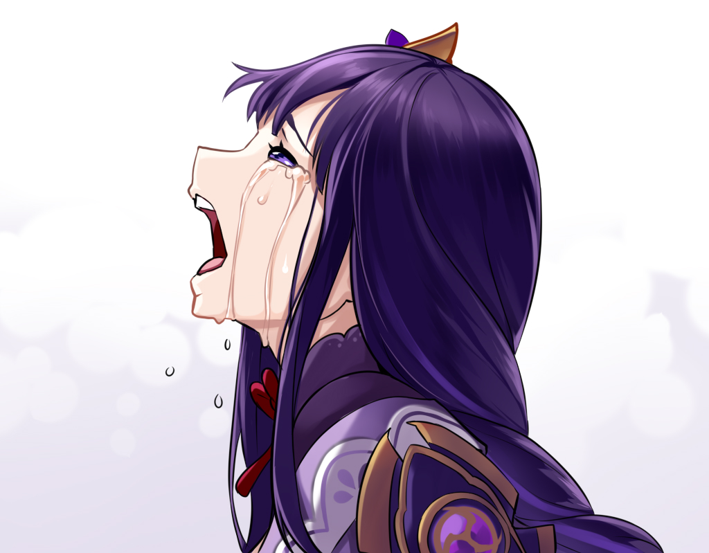 1girl :o armor bangs blunt_bangs bow bowtie braid braided_ponytail commentary crying crying_with_eyes_open english_commentary eyebrows_visible_through_hair from_side genshin_impact hair_ornament hiroki_ree japanese_clothes long_hair looking_up low_ponytail purple_hair raiden_shogun sad shoulder_armor sidelocks simple_background single_braid solo streaming_tears tears violet_eyes white_background