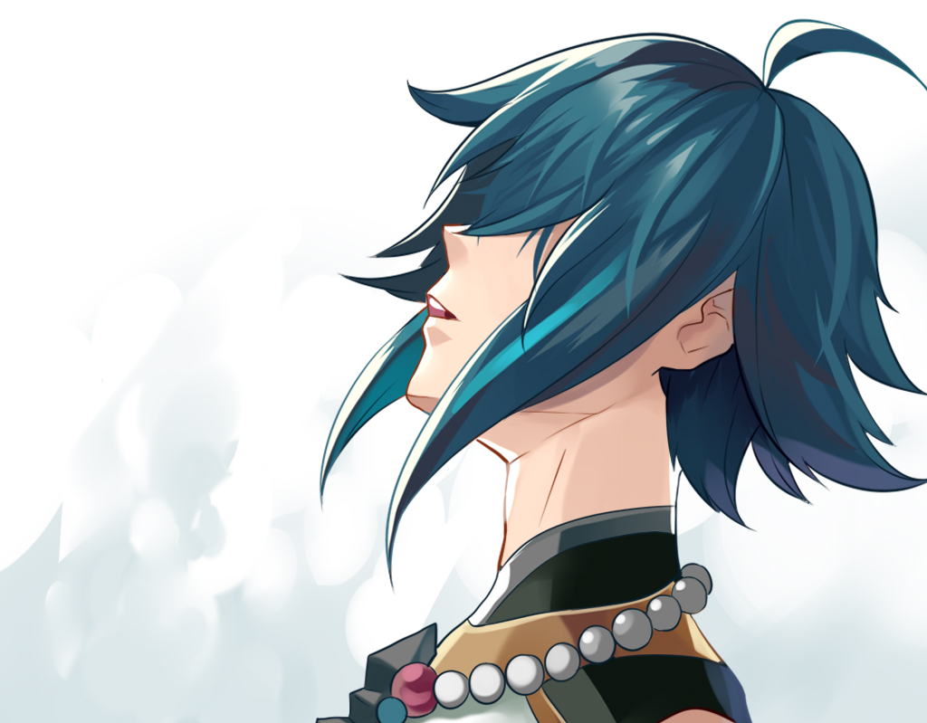 1boy ahoge beads blue_hair from_side genshin_impact hiroki_ree jewelry kaneki_profile_picture male_focus meme necklace parted_lips pearl_necklace prayer_beads profile short_hair solo xiao_(genshin_impact)