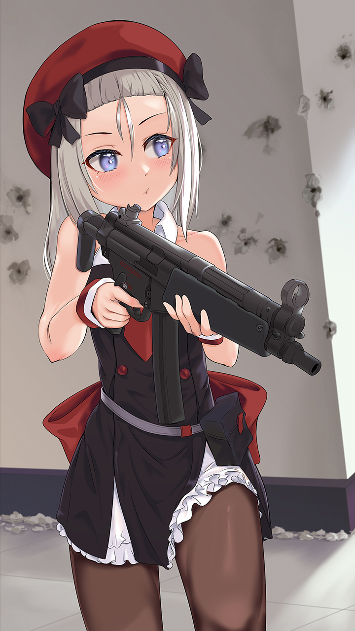 1girl beret black_bow black_legwear blue_eyes bow closed_mouth dress eyebrows_visible_through_hair girls_frontline gun h&amp;k_mp5 hair_bow hat highres holding holding_weapon jamgom long_hair looking_away mp5_(girls'_frontline) pantyhose silver_hair simple_background solo standing submachine_gun weapon