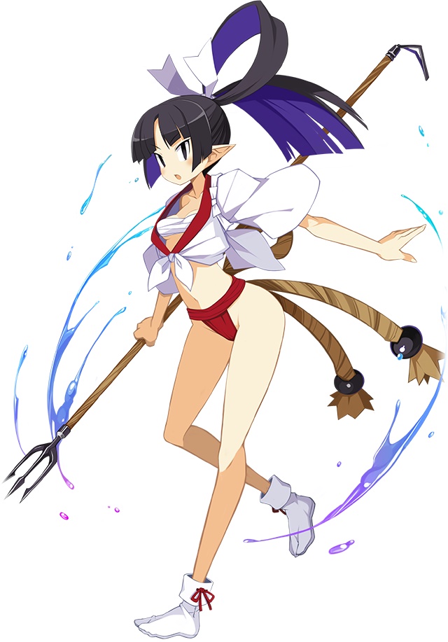1girl :o bangs black_eyes black_hair breasts disgaea disgaea_rpg full_body fundoshi hair_rings holding holding_polearm holding_weapon japanese_clothes long_hair official_art open_mouth photoshop_(medium) pointy_ears polearm ronin_(disgaea) rope sarashi shirt short_sleeves simple_background small_breasts solo tabi tied_shirt trident weapon white_background