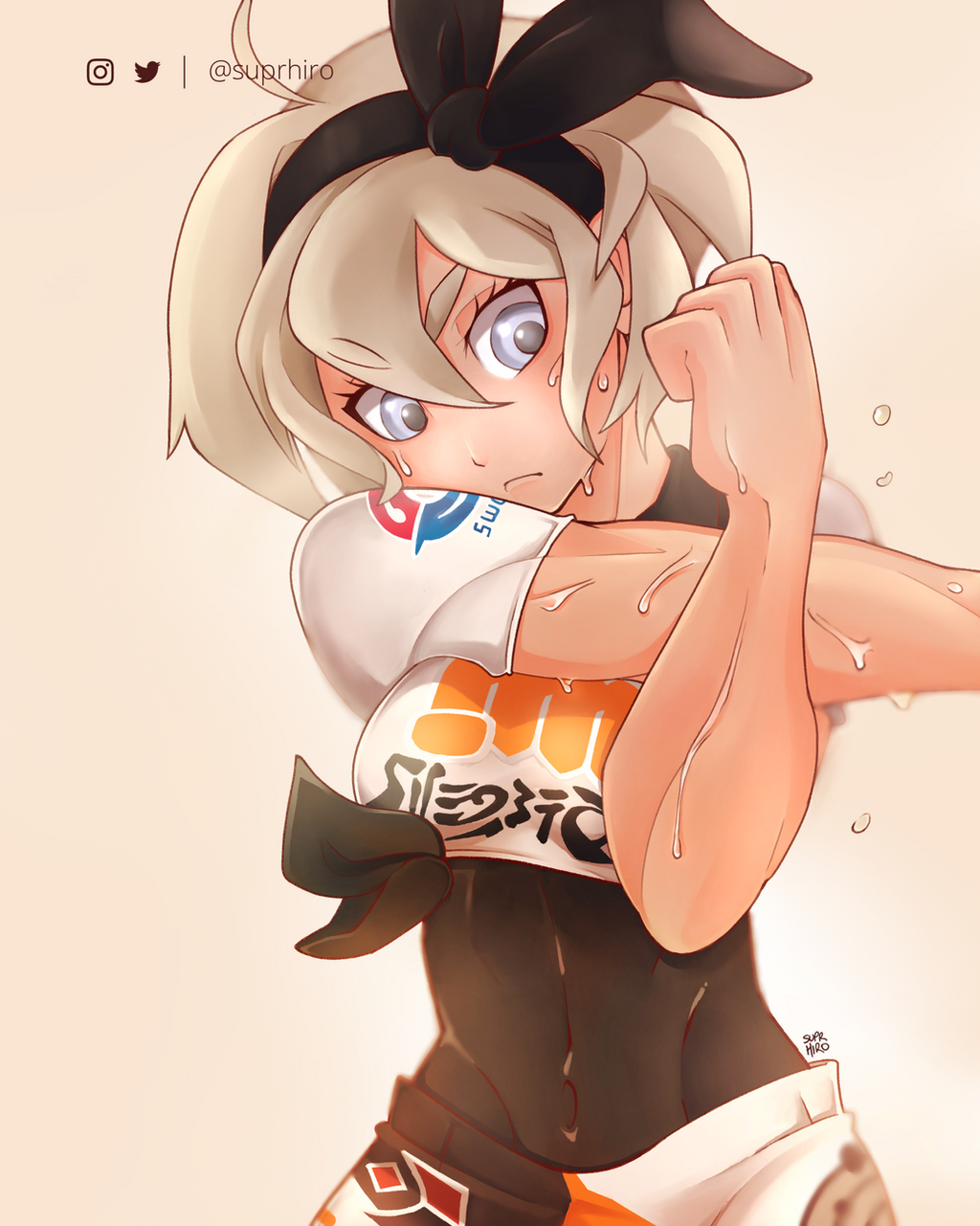 1girl abs bangs bea_(pokemon) bow crossed_arms flying_sweatdrops grey_eyes grey_hair gym_uniform hair_bow highres instagram_logo looking_down muscular muscular_female outstretched_arms pokemon pokemon_(game) pokemon_swsh short_hair simple_background skin_tight suprhiro sweat thick_eyebrows twitter_logo twitter_username