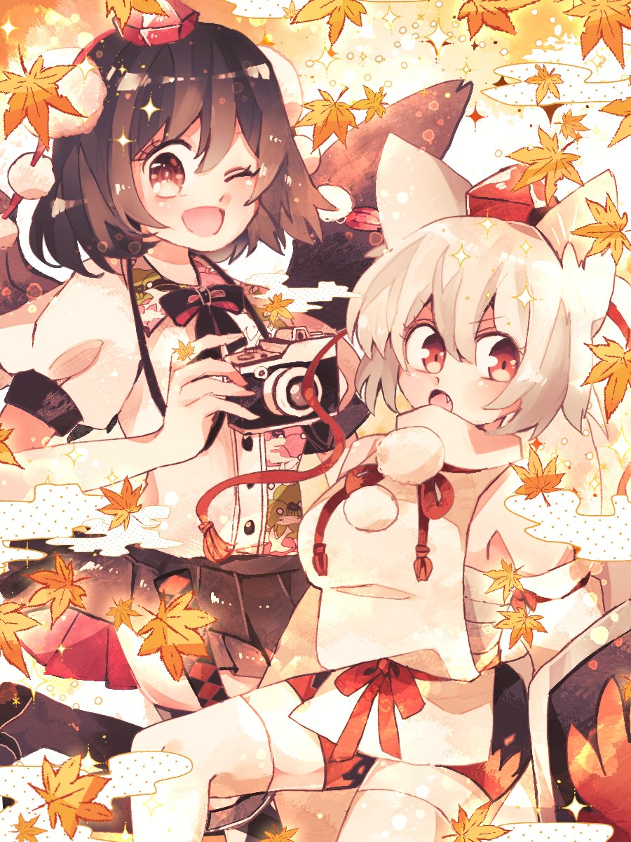 2girls animal_ears autumn_leaves bird_wings black_hair black_neckwear black_ribbon black_skirt breasts brown_eyes camera commentary_request detached_sleeves eyebrows_visible_through_hair fang hair_between_eyes hat highres holding holding_camera inubashiri_momiji large_breasts looking_at_viewer looking_to_the_side mobilis_1870 multiple_girls one_eye_closed open_mouth pom_pom_(clothes) red_eyes ribbon sarashi shameimaru_aya shield shirt short_hair skirt tokin_hat touhou v-shaped_eyebrows white_hair white_shirt wings wolf_ears