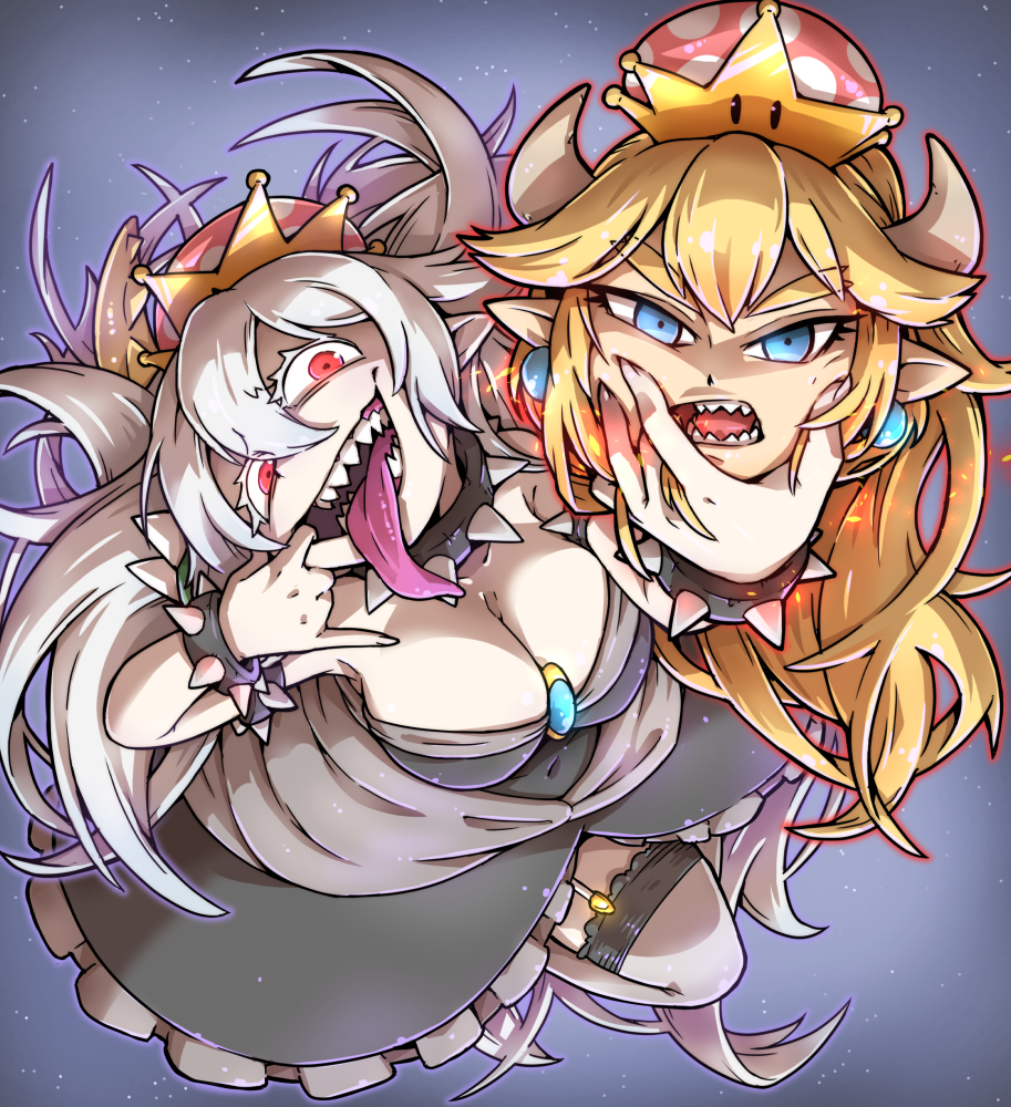 1girl bowsette bracelet collar crown jewelry luigi's_mansion pale_skin princess_king_boo red_eyes sharp_teeth solo spiked_armlet spiked_bracelet spiked_collar spiked_shell spiked_tail spikes super_crown tail teeth tokkyuu_mikan tongue tongue_out turtle_shell
