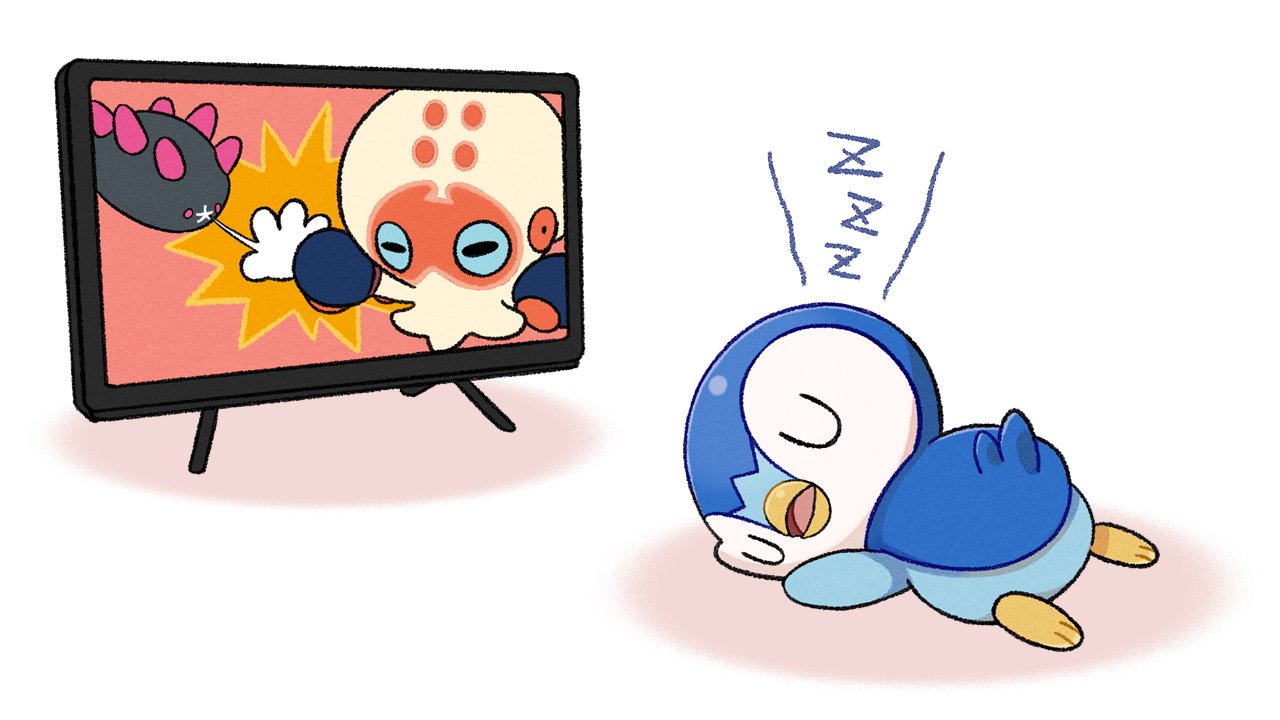 clobbopus closed_eyes commentary_request creature lying no_humans official_art open_mouth piplup pokemon project_pochama pyukumuku sleeping television toes tongue white_background zzz