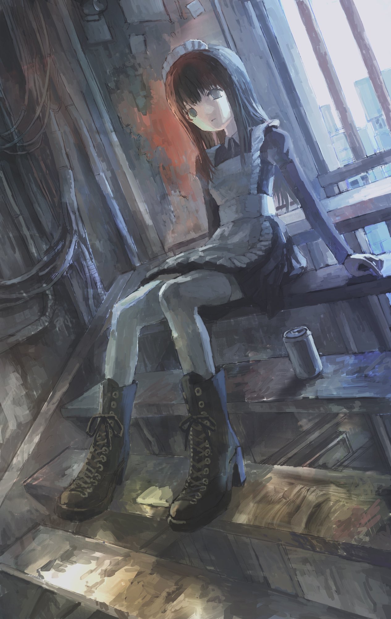 1girl apron bars black_hair boots can cross-laced_footwear grey_eyes high_heels highres indoors lace-up_boots maid maid_apron maid_headdress original perspective pipes sitting solo stairs tokunaga_akimasa window wire
